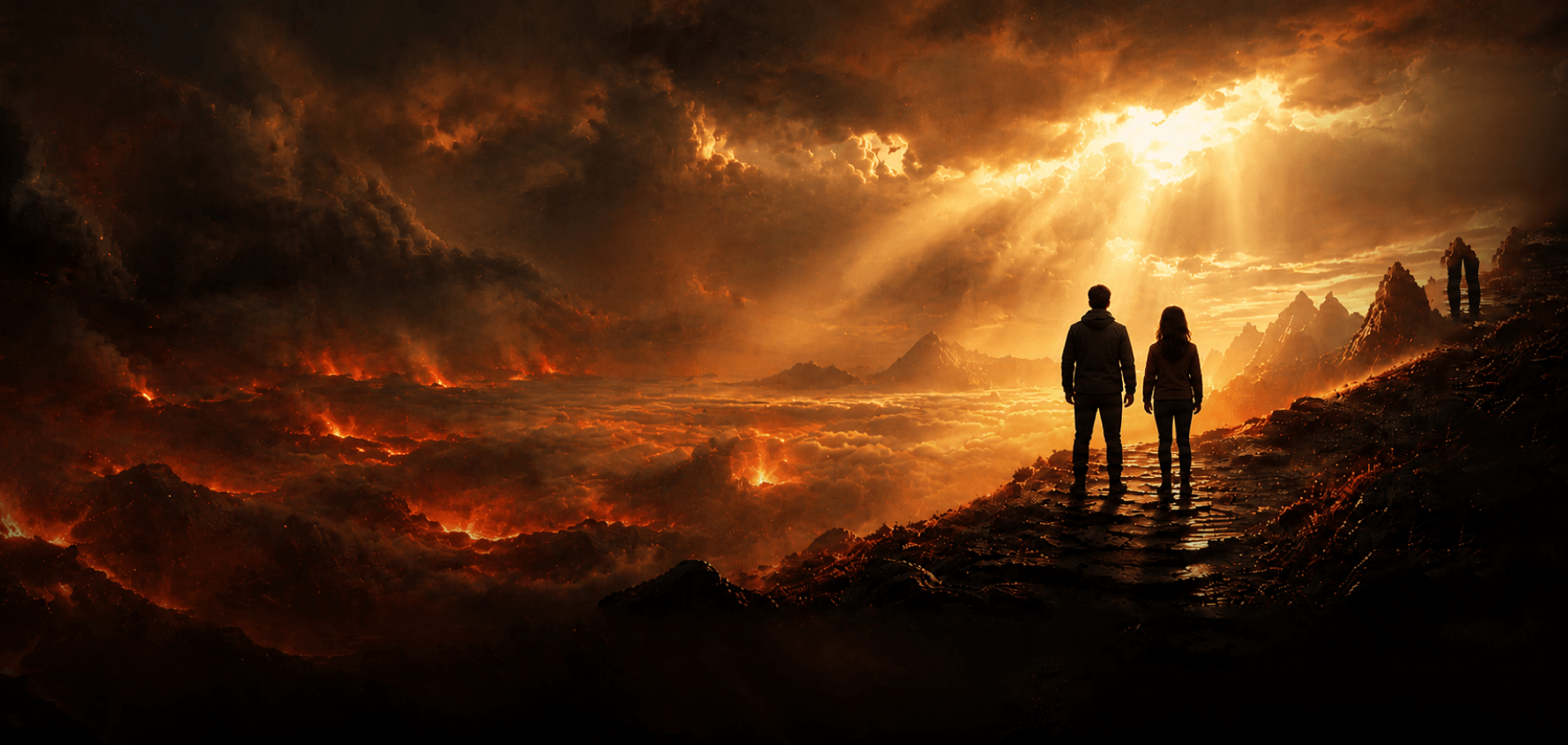 A person silhouetted on a ridge against a glowing sunrise