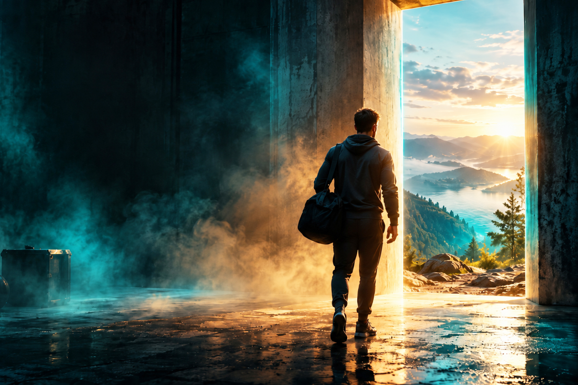 A person walking through a dark tunnel toward a distant light